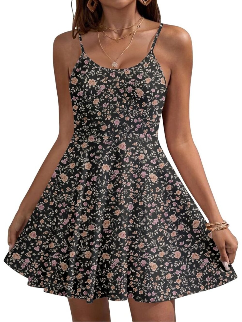 Women's Black Orange Floral Summer Dress Spaghetti Strap Floral Mini Dress